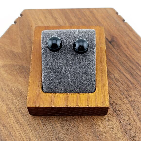 Glossy Black Round Post Earrings Silver Tone Back Stud Contemporary Minimalist - Picture 1 of 5